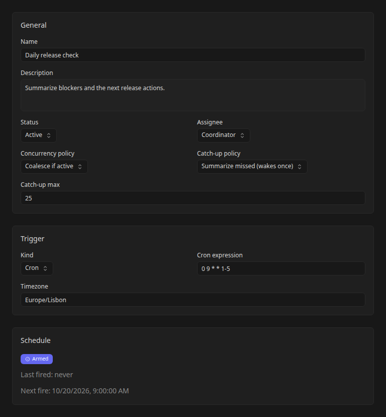 Office routine detail showing general settings, concurrency and catch-up policies, and schedule configuration
