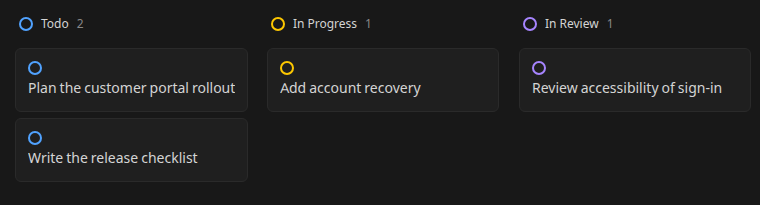 Office task board grouping customer portal tasks into Todo, In Progress, and In Review status columns